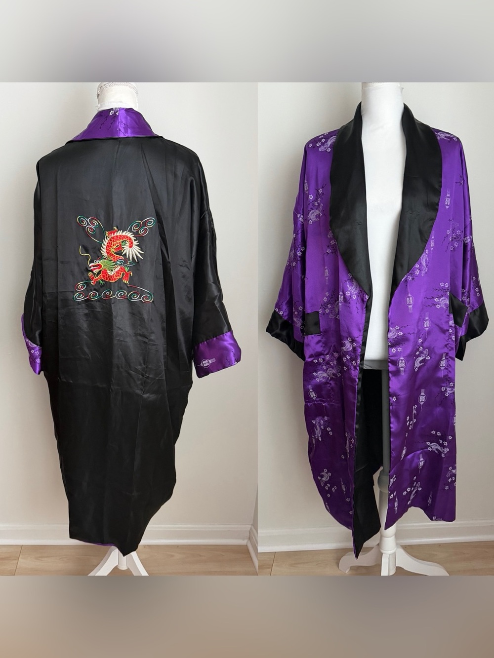 Women’s Reversible Black & Purple Satin Kimono Robe with Embroidered Dragon
